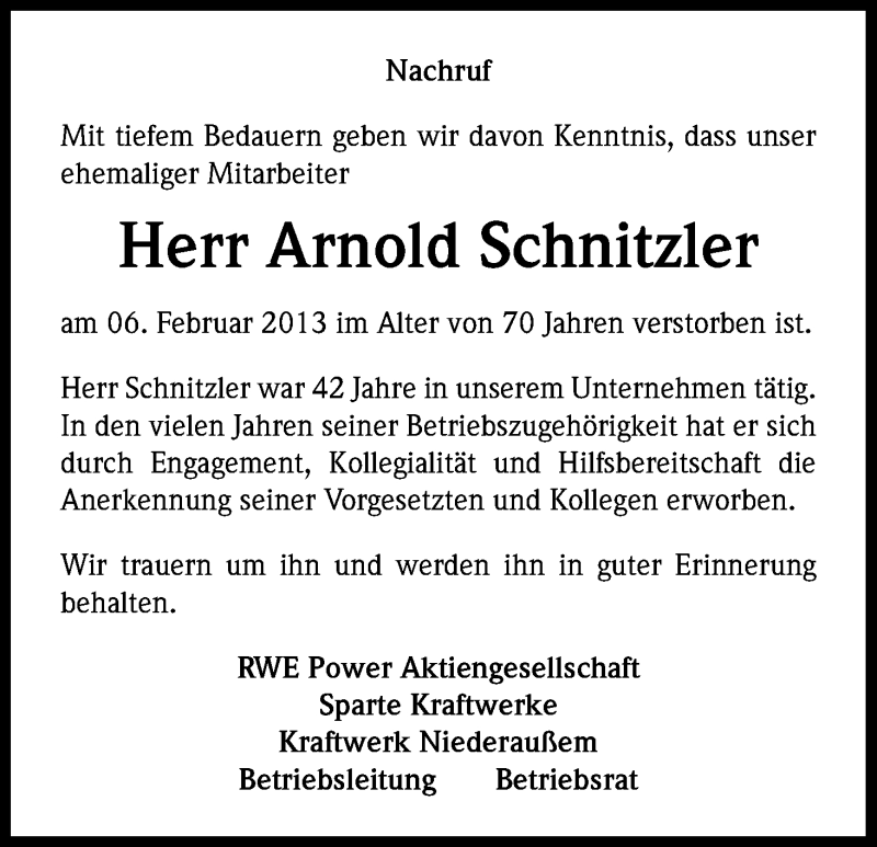  Traueranzeige für Arnold Schnitzler vom 19.02.2013 aus Kölner Stadt-Anzeiger / Kölnische Rundschau / Express