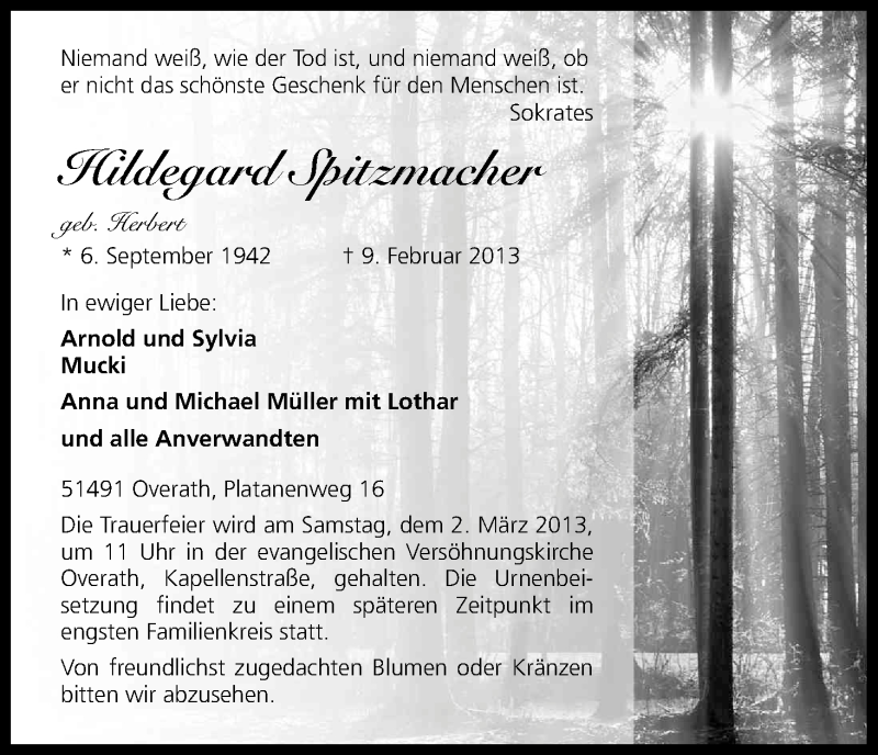  Traueranzeige für Hildegard Spitzmacher vom 23.02.2013 aus Kölner Stadt-Anzeiger / Kölnische Rundschau / Express
