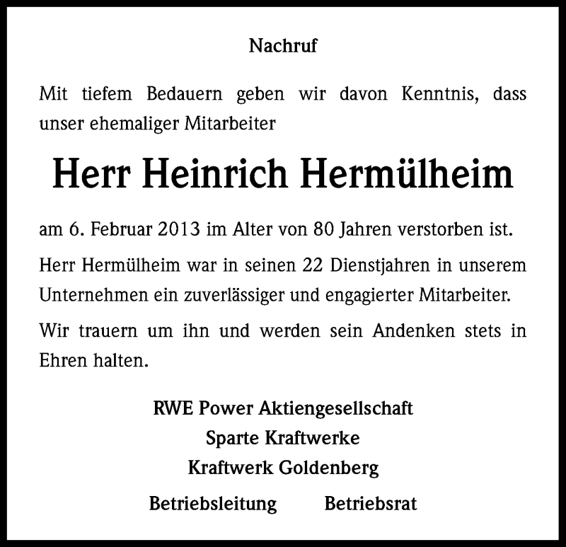  Traueranzeige für Heinrich Hermülheim vom 19.02.2013 aus Kölner Stadt-Anzeiger / Kölnische Rundschau / Express