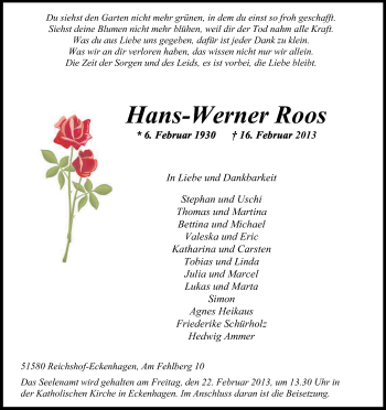 Anzeige von Hans-Werner Roos von Kölner Stadt-Anzeiger / Kölnische Rundschau / Express