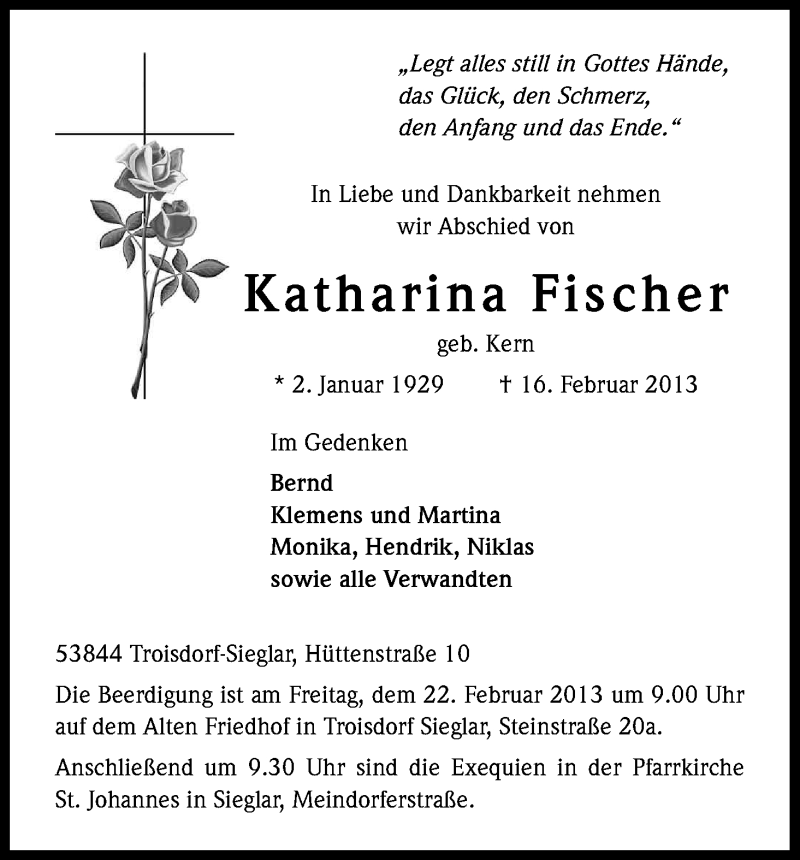  Traueranzeige für Katharina Fischer vom 20.02.2013 aus Kölner Stadt-Anzeiger / Kölnische Rundschau / Express