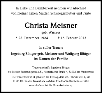Anzeige von Christa Meisner von Kölner Stadt-Anzeiger / Kölnische Rundschau / Express