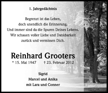 Anzeige von Reinhard Grooters von Kölner Stadt-Anzeiger / Kölnische Rundschau / Express