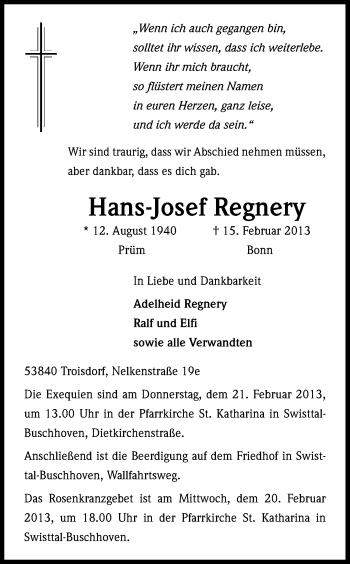 Anzeige von Hans-Josef Regnery von Kölner Stadt-Anzeiger / Kölnische Rundschau / Express