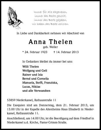 Anzeige von Anna Thelen von Kölner Stadt-Anzeiger / Kölnische Rundschau / Express