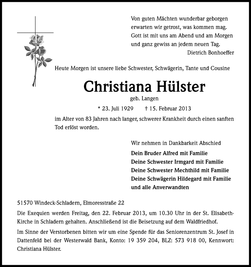  Traueranzeige für Christiana Hülster vom 19.02.2013 aus Kölner Stadt-Anzeiger / Kölnische Rundschau / Express