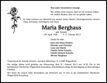 Anzeige von Maria Berghaus von Kölner Stadt-Anzeiger / Kölnische Rundschau / Express