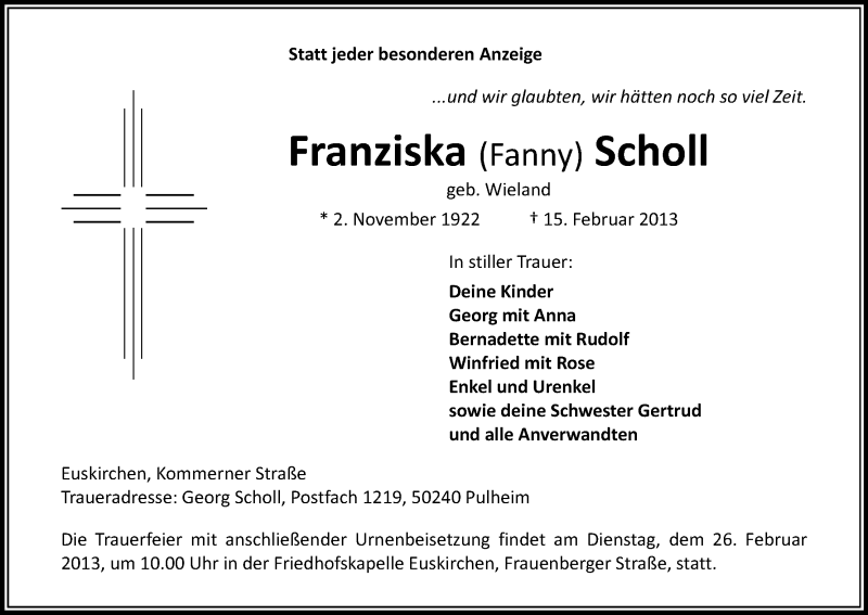  Traueranzeige für Franziska Scholl vom 21.02.2013 aus Kölner Stadt-Anzeiger / Kölnische Rundschau / Express