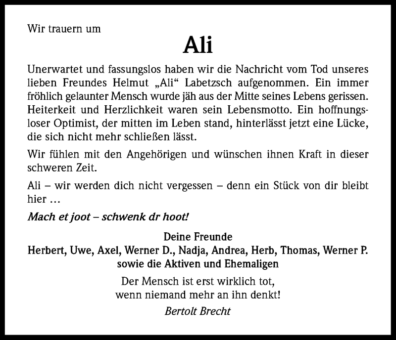  Traueranzeige für Ali  vom 19.02.2013 aus Kölner Stadt-Anzeiger / Kölnische Rundschau / Express