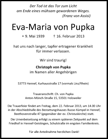 Anzeige von Eva-Maria von Pupka von Kölner Stadt-Anzeiger / Kölnische Rundschau / Express