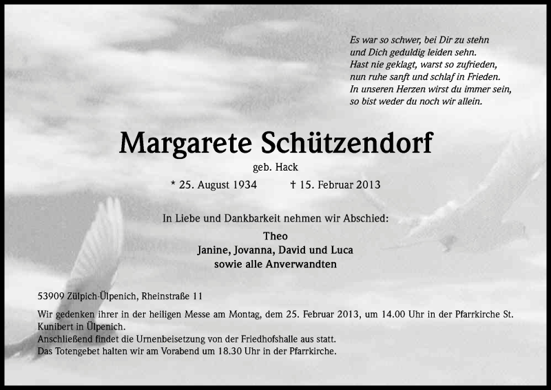  Traueranzeige für Margarete Schützendorf vom 20.02.2013 aus Kölner Stadt-Anzeiger / Kölnische Rundschau / Express