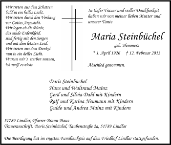 Anzeige von Maria Steinbüchel von Kölner Stadt-Anzeiger / Kölnische Rundschau / Express