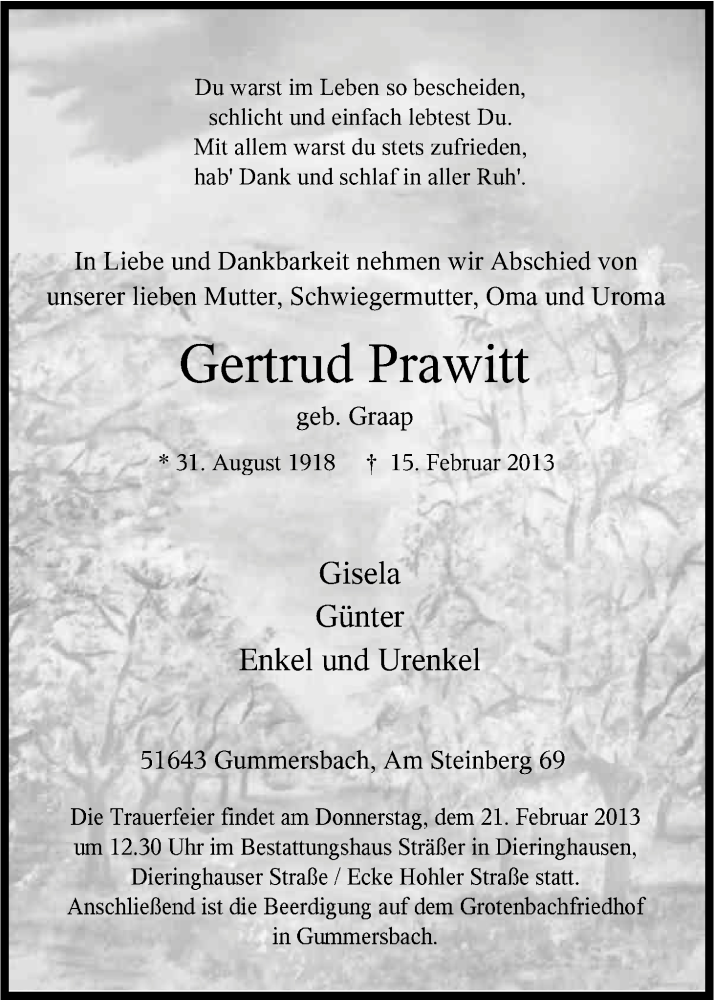  Traueranzeige für Gertrud Prawitt vom 19.02.2013 aus Kölner Stadt-Anzeiger / Kölnische Rundschau / Express