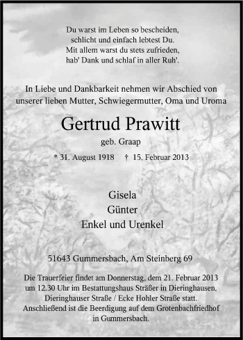 Anzeige von Gertrud Prawitt von Kölner Stadt-Anzeiger / Kölnische Rundschau / Express