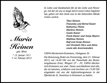 Anzeige von Maria Heinen von Kölner Stadt-Anzeiger / Kölnische Rundschau / Express