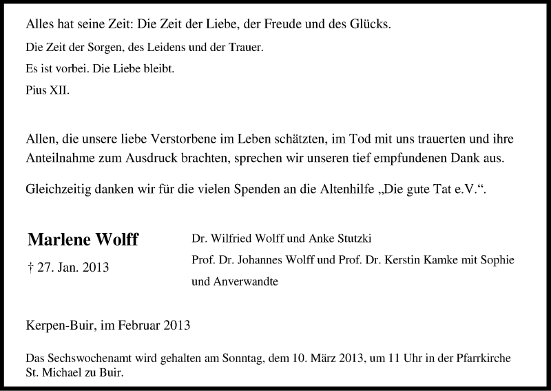  Traueranzeige für Marlene Wolff vom 02.03.2013 aus Kölner Stadt-Anzeiger / Kölnische Rundschau / Express