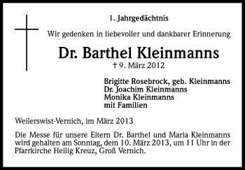 Anzeige von Barthel Kleinmanns von Kölner Stadt-Anzeiger / Kölnische Rundschau / Express