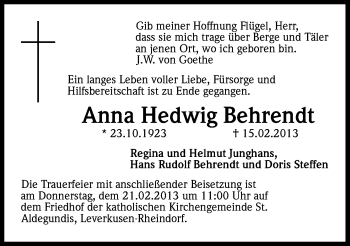 Anzeige von Anna Hedwig Behrendt von Kölner Stadt-Anzeiger / Kölnische Rundschau / Express