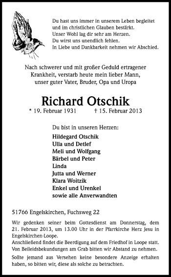 Anzeige von Richard Otschik von Kölner Stadt-Anzeiger / Kölnische Rundschau / Express