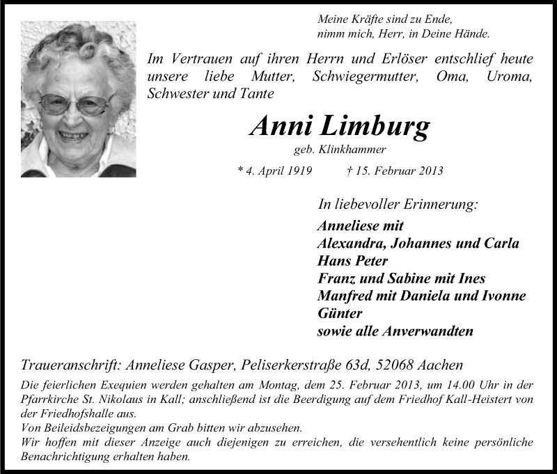  Traueranzeige für Anni Limburg vom 20.02.2013 aus Kölner Stadt-Anzeiger / Kölnische Rundschau / Express