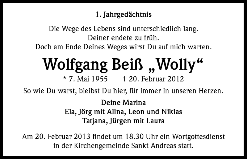  Traueranzeige für Wolfgang Beiß vom 20.02.2013 aus Kölner Stadt-Anzeiger / Kölnische Rundschau / Express