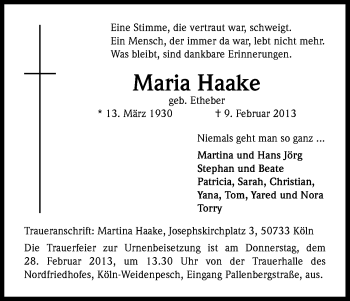 Anzeige von Maria Haake von Kölner Stadt-Anzeiger / Kölnische Rundschau / Express