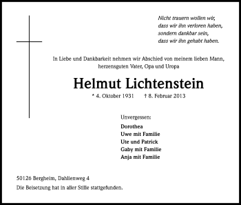 Anzeige von Helmut Lichtenstein von Kölner Stadt-Anzeiger / Kölnische Rundschau / Express