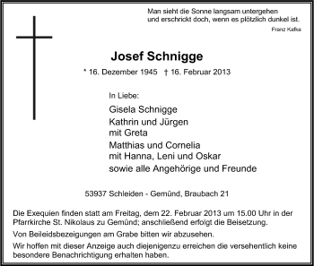 Anzeige von Josef Schnigge von Kölner Stadt-Anzeiger / Kölnische Rundschau / Express