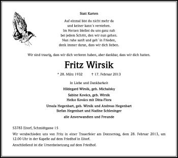 Anzeige von Fritz Wirsik von Kölner Stadt-Anzeiger / Kölnische Rundschau / Express