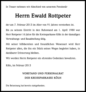 Anzeige von Ewald Rottpeter von Kölner Stadt-Anzeiger / Kölnische Rundschau / Express