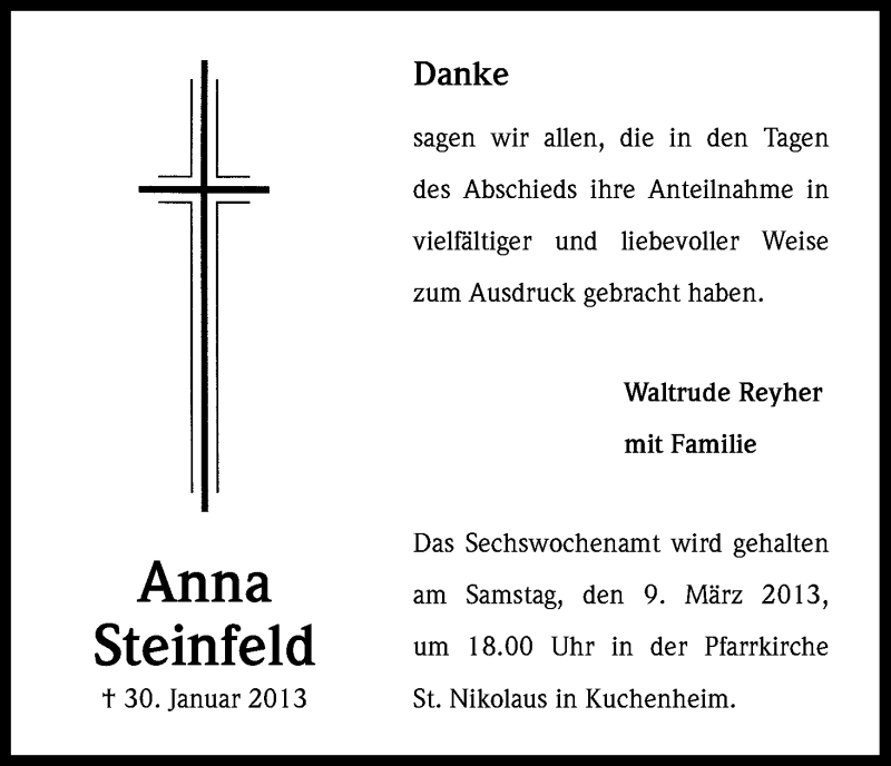  Traueranzeige für Anna Steinfeld vom 02.03.2013 aus Kölner Stadt-Anzeiger / Kölnische Rundschau / Express