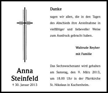 Anzeige von Anna Steinfeld von Kölner Stadt-Anzeiger / Kölnische Rundschau / Express