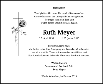 Anzeige von Ruth Meyer von Kölner Stadt-Anzeiger / Kölnische Rundschau / Express