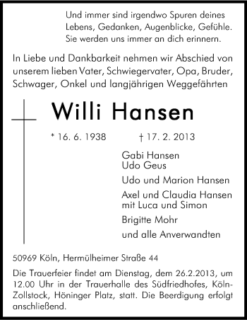 Anzeige von Willi Hansen von Kölner Stadt-Anzeiger / Kölnische Rundschau / Express