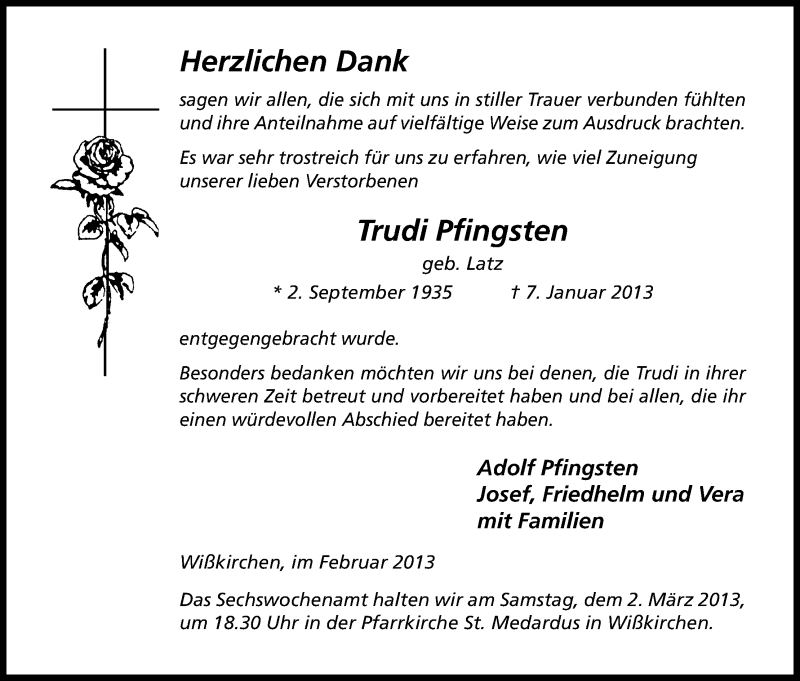  Traueranzeige für Trudi Pfingsten vom 23.02.2013 aus Kölner Stadt-Anzeiger / Kölnische Rundschau / Express