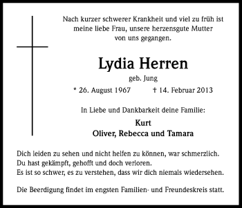 Anzeige von Lydia Herren von Kölner Stadt-Anzeiger / Kölnische Rundschau / Express