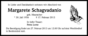 Anzeige von Margarete Schagvadanio von Kölner Stadt-Anzeiger / Kölnische Rundschau / Express
