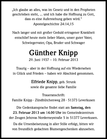 Anzeige von Günther Knipp von Kölner Stadt-Anzeiger / Kölnische Rundschau / Express