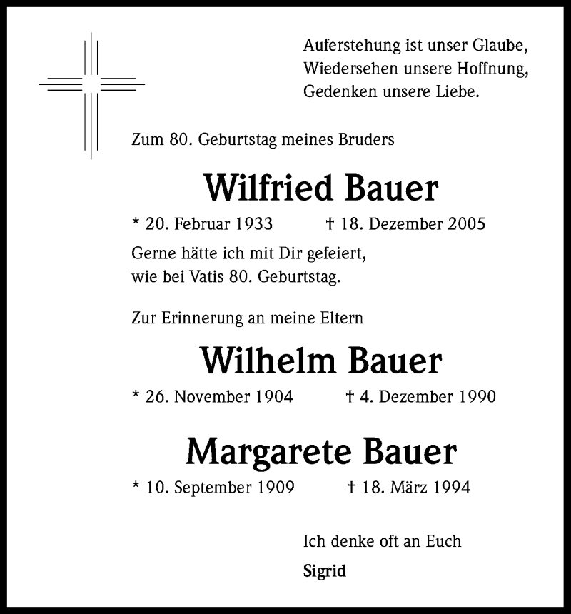  Traueranzeige für Wilfried Bauer vom 20.02.2013 aus Kölner Stadt-Anzeiger / Kölnische Rundschau / Express