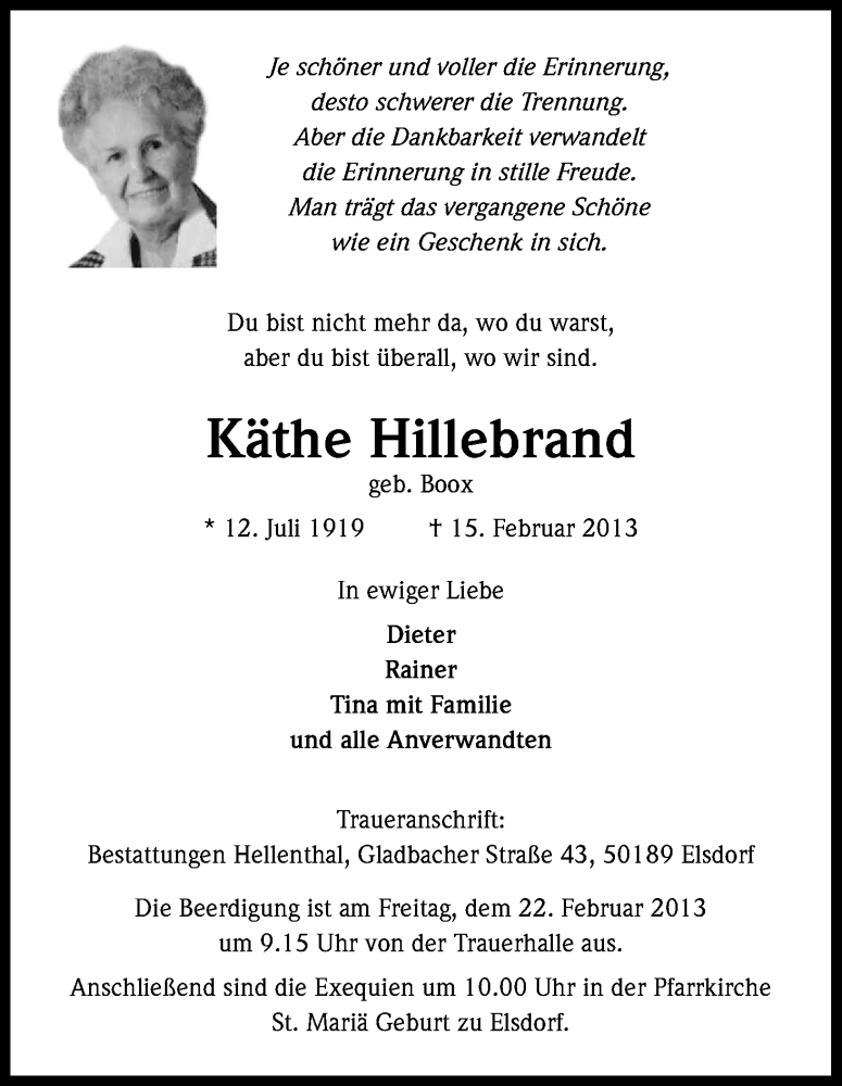  Traueranzeige für Käthe Hillebrand vom 20.02.2013 aus Kölner Stadt-Anzeiger / Kölnische Rundschau / Express