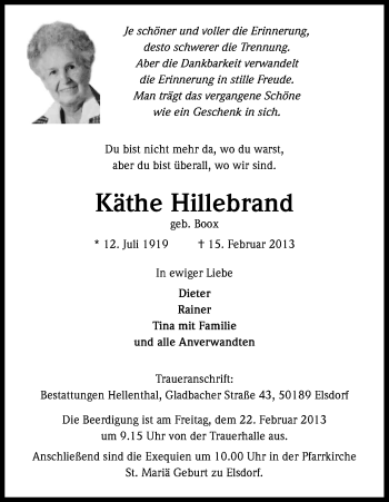 Anzeige von Käthe Hillebrand von Kölner Stadt-Anzeiger / Kölnische Rundschau / Express