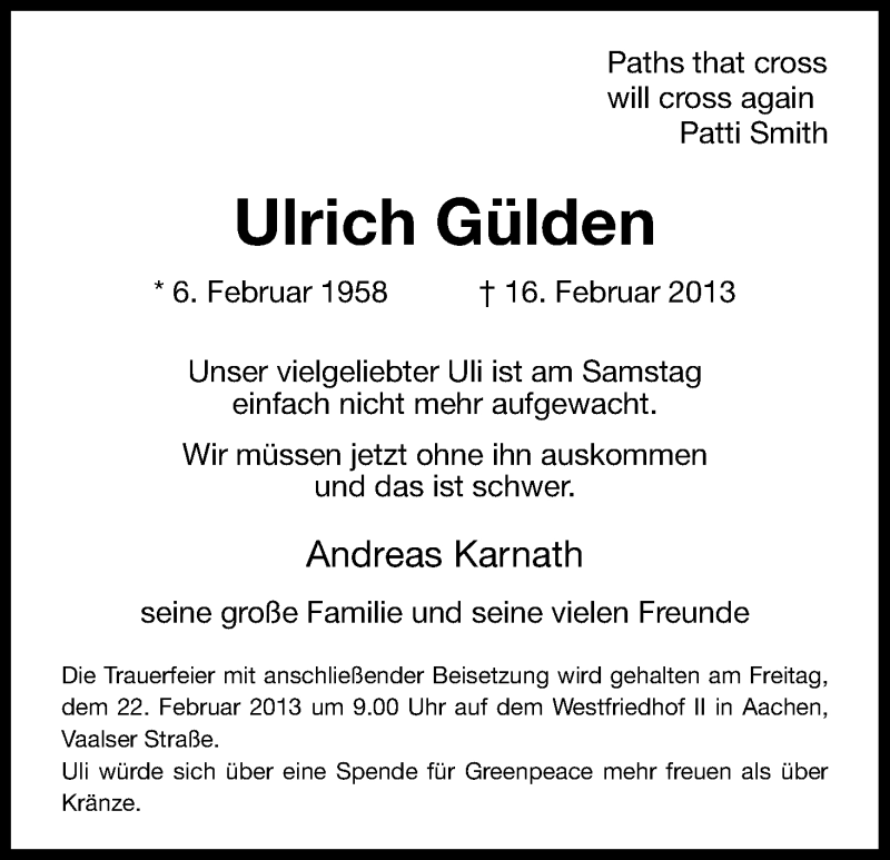  Traueranzeige für Ulrich Gülden vom 20.02.2013 aus Kölner Stadt-Anzeiger / Kölnische Rundschau / Express