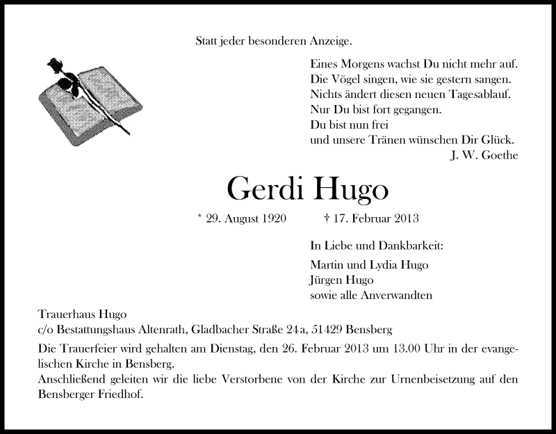  Traueranzeige für Gerdi Hugo vom 21.02.2013 aus Kölner Stadt-Anzeiger / Kölnische Rundschau / Express