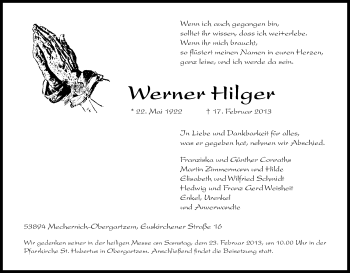 Anzeige von Werner Hilger von Kölner Stadt-Anzeiger / Kölnische Rundschau / Express