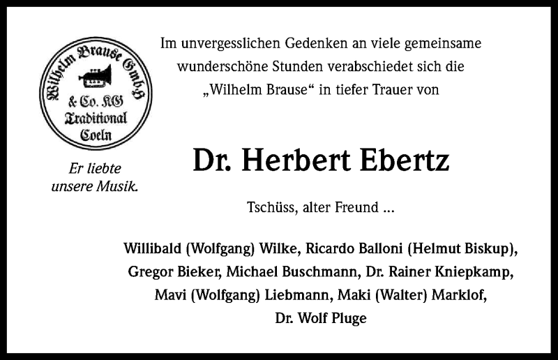  Traueranzeige für Herbert Ebertz vom 20.02.2013 aus Kölner Stadt-Anzeiger / Kölnische Rundschau / Express