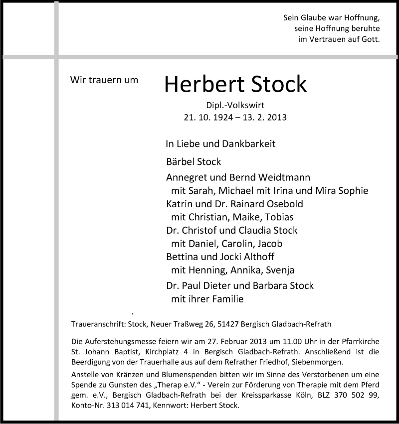  Traueranzeige für Herbert Stock vom 20.02.2013 aus Kölner Stadt-Anzeiger / Kölnische Rundschau / Express