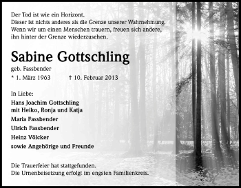 Anzeige von Sabine Gottschling von Kölner Stadt-Anzeiger / Kölnische Rundschau / Express