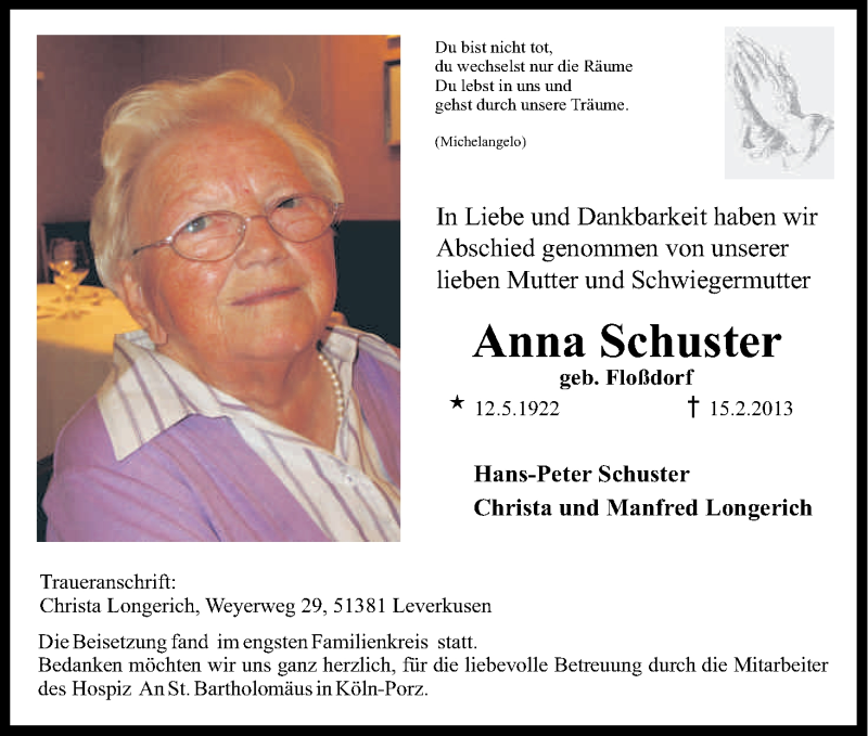  Traueranzeige für Anna Schuster vom 22.02.2013 aus Kölner Stadt-Anzeiger / Kölnische Rundschau / Express