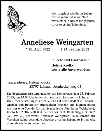 Anzeige von Anneliese Weingarten von Kölner Stadt-Anzeiger / Kölnische Rundschau / Express