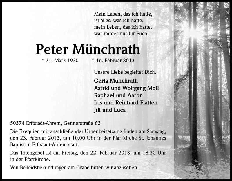  Traueranzeige für Peter Münchrath vom 21.02.2013 aus Kölner Stadt-Anzeiger / Kölnische Rundschau / Express